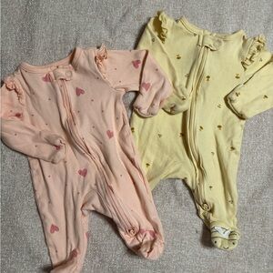 Newborn Zipper One-Piece Footed Sleepers - Pink Heart & Yellow Bee (2-Pack)